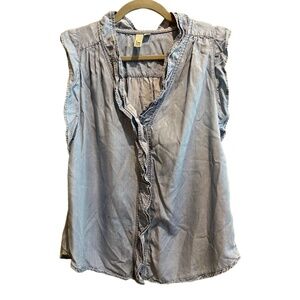 Kut From The Kloth Blouse‎ Womens Size Large Blue Chambray Sleeveless Ruffled